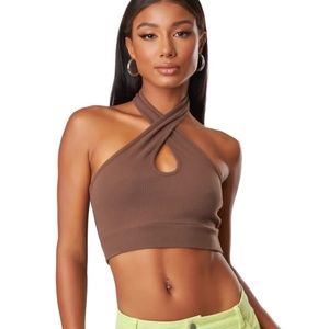 [EUC] The Kript | Jess Ribbed Cross Front Halter Top in Brown (M)